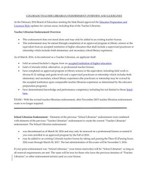 Teacher Librarian Endorsement Overview and Guidelines
