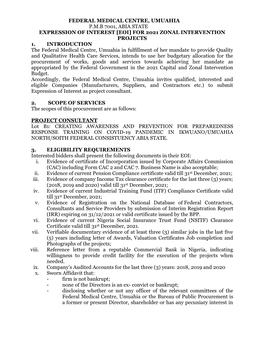 Federal Medical Centre, Umuahia P.M.B 7001, Abia State Expression of Interest [Eoi] for 2021 Zonal Intervention Projects 1. I