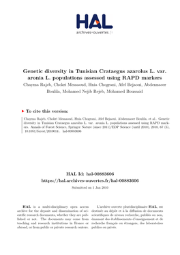Genetic Diversity in Tunisian Crataegus Azarolus L. Var. Aronia L