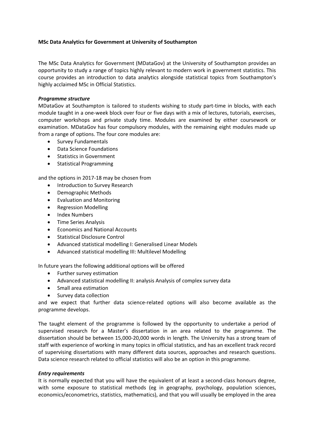 Msc Data Analytics for Government at University of Southampton