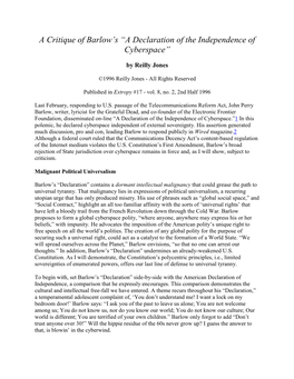 A Critique of Barlow's “A Declaration of the Independence of Cyberspace”