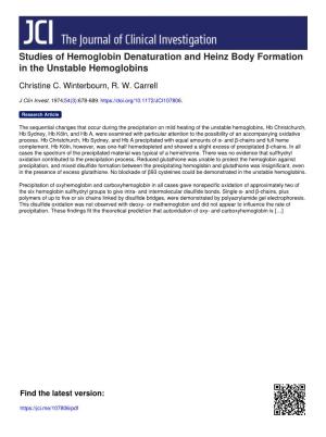 Studies of Hemoglobin Denaturation and Heinz Body Formation in the Unstable Hemoglobins