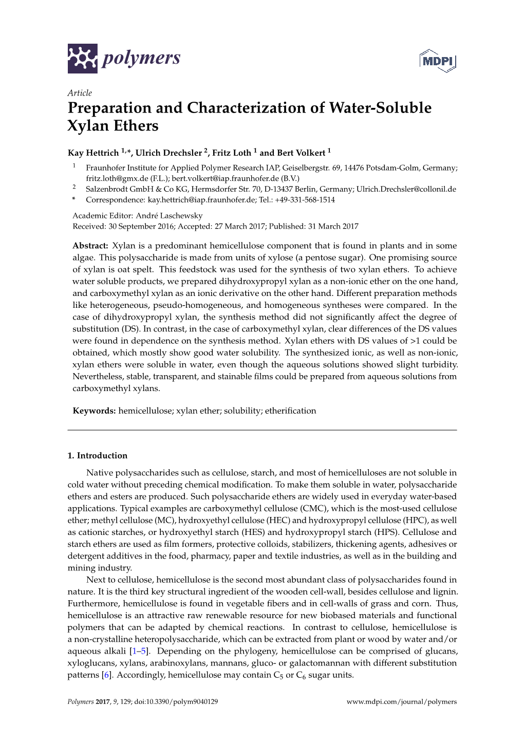 Preparation and Characterization of Water-Soluble Xylan Ethers