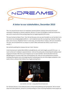 A Letter to Our Stakeholders, December 2010