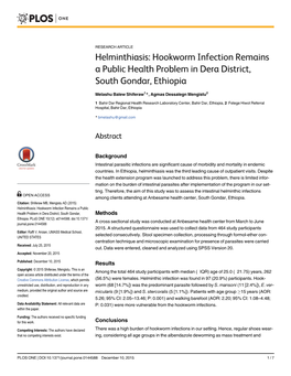 Helminthiasis: Hookworm Infection Remains a Public Health Problem in Dera District, South Gondar, Ethiopia