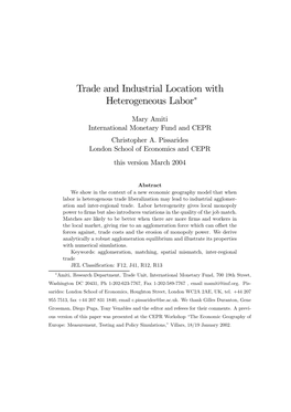 Trade and Industrial Location with Heterogeneous Labor∗