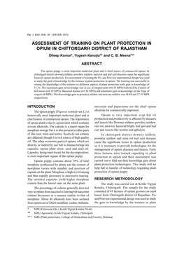 ASSESSMENT of TRAINING on PLANT PROTECTION in OPIUM in CHITTORGARH DISTRICT of RAJASTHAN Dileep Kumar*, Yogesh Kanojia** and C