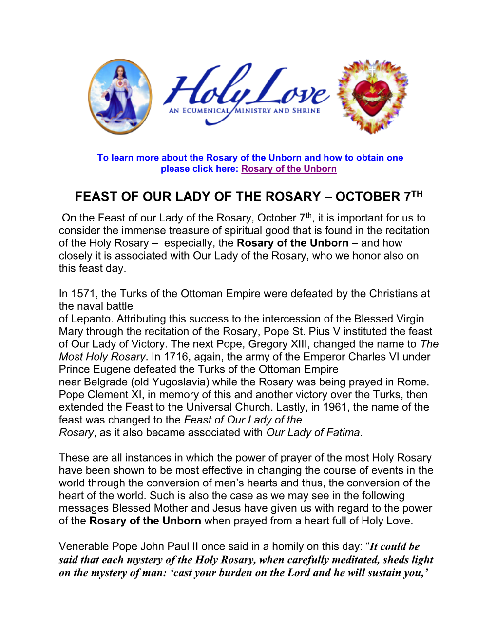 Feast of Our Lady of the Rosary – October 7Th
