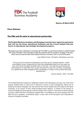 Geneva, 22 March 2018 Press Release the FBA and OL Unite In