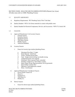 SECTION 224300 - HEALTHCARE PLUMBING FIXTURES (Patient Care Areas) All Other Areas Refer to 22400- Plumbing Fixtures