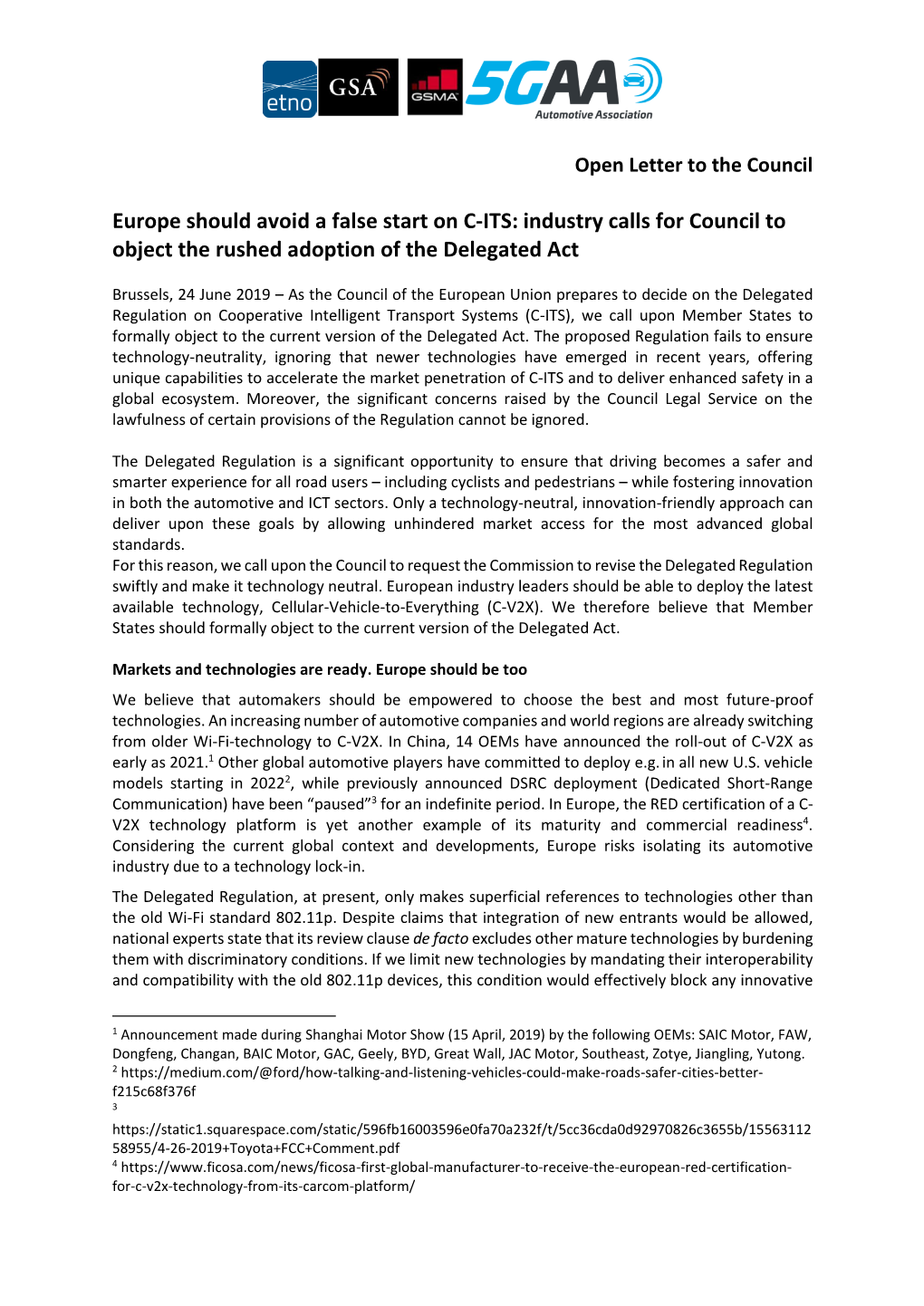 Europe Should Avoid a False Start on C-ITS: Industry Calls for Council to Object the Rushed Adoption of the Delegated Act