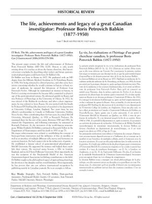The Life, Achievements and Legacy of a Great Canadian Investigator: Professor Boris Petrovich Babkin (1877-1950)