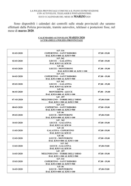 Sono Disponibili I Calendari Dei Controlli Sulle Strade Provinciali Che