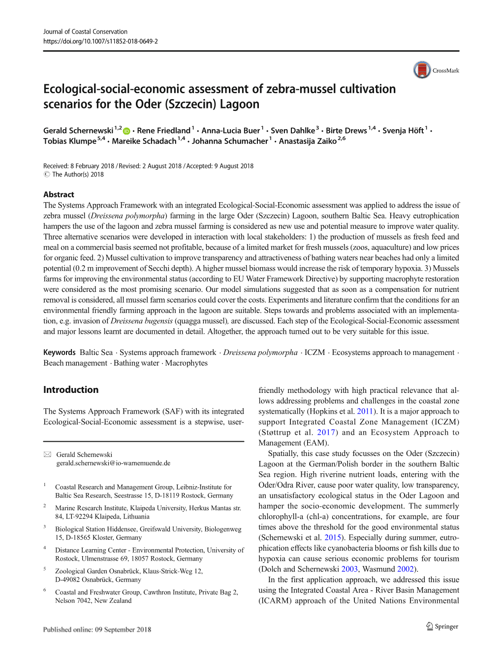 Ecological-Social-Economic Assessment of Zebra-Mussel Cultivation Scenarios for the Oder (Szczecin) Lagoon