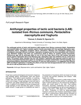 Antifungal Properties of Lactic Acid Bacteria (LAB) Isolated from Ricinus Communis , Pentaclethra Macrophylla and Yoghurts