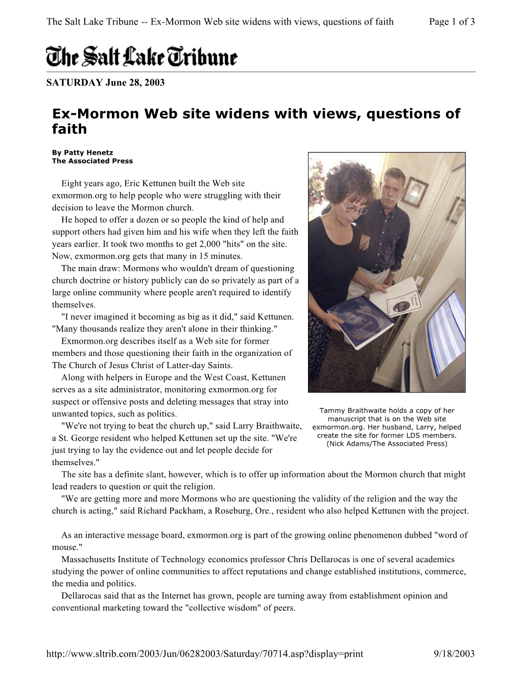 Ex-Mormon Web Site Widens with Views, Questions of Faith Page 1 of 3