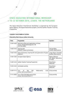 Space Education International Workshop 18-22 October 2016, Leiden, the Netherlands