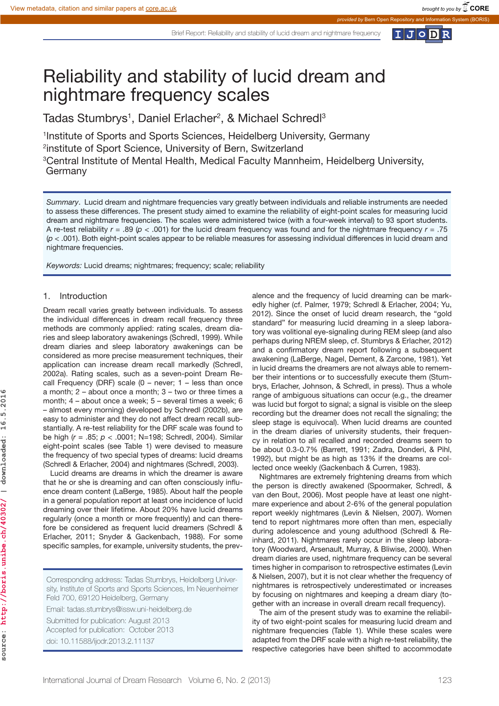 Reliability and Stability of Lucid Dream and Nightmare Frequency Scales