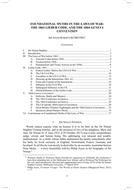 FOUNDATIONAL MYTHS in the LAWS of WAR: the 1863 LIEBER CODE, and the 1864 GENEVA CONVENTION the 1863 Lieber SIR ADAM ROBERTS KCMG FBA*