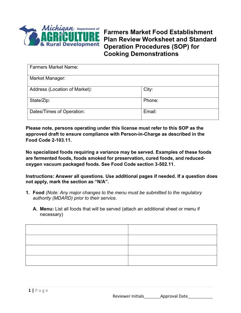 Farmers Market Food Establishment Plan Review Worksheet and Standard Operation Procedures (SOP) for Cooking Demonstrations