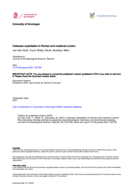 Cetacean Exploitation in Roman and Medieval London Van Den Hurk, Youri; Rielly, Kevin; Buckley, Mike