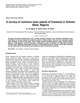 A Survey of Common Toxic Plants of Livestock in Sokoto State, Nigeria