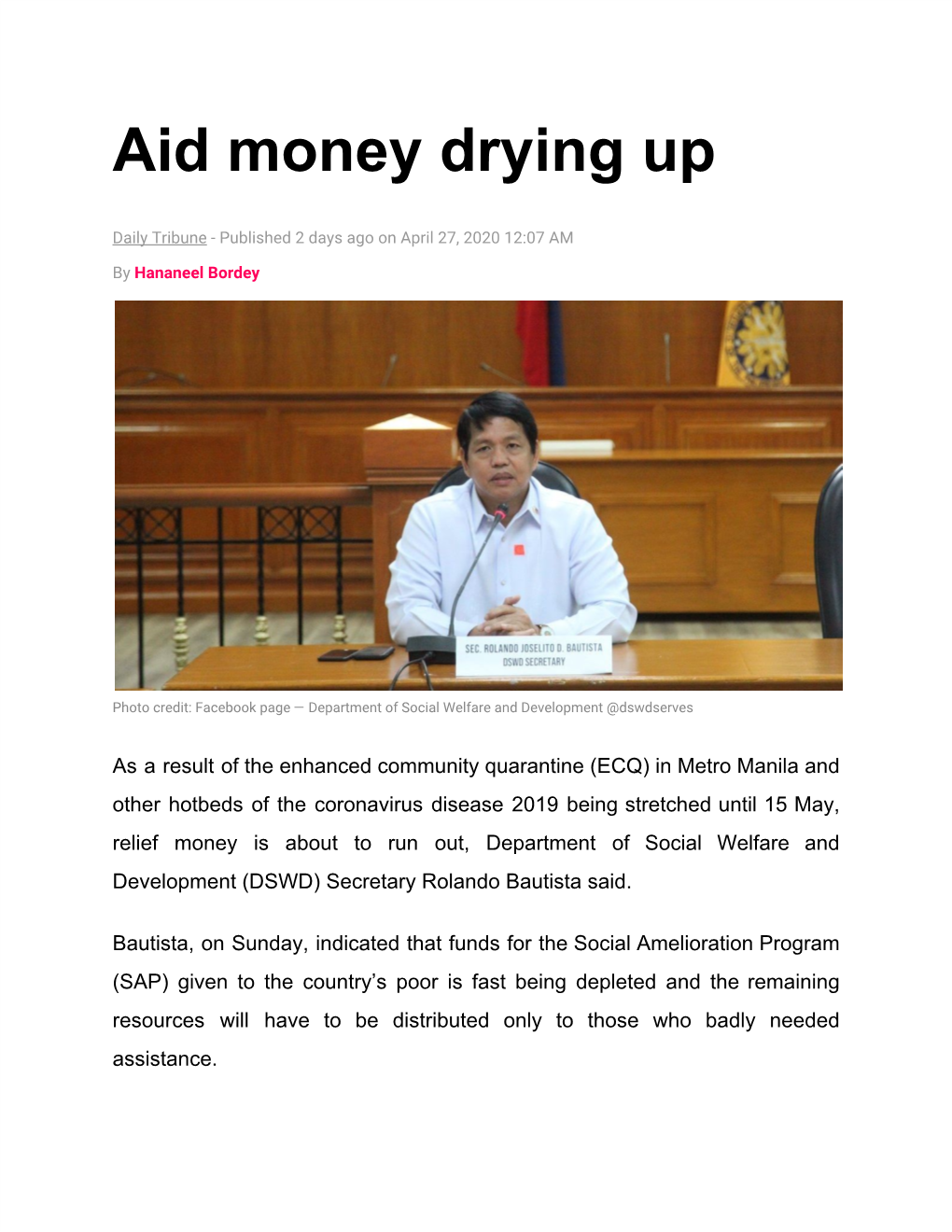 Aid Money Drying Up
