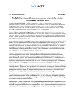 Playsight Interactive and Crionet Announce New Automated Production Technology Partnership in Tennis