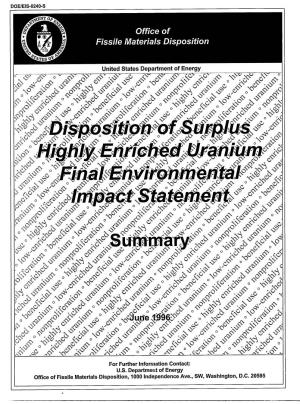 Disposition of Surplus Highly Enriched Uranium Final Environmental Impact Statement Is Enclosed for Your Information
