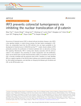 IRF3 Prevents Colorectal Tumorigenesis Via Inhibiting the Nuclear Translocation of Β-Catenin