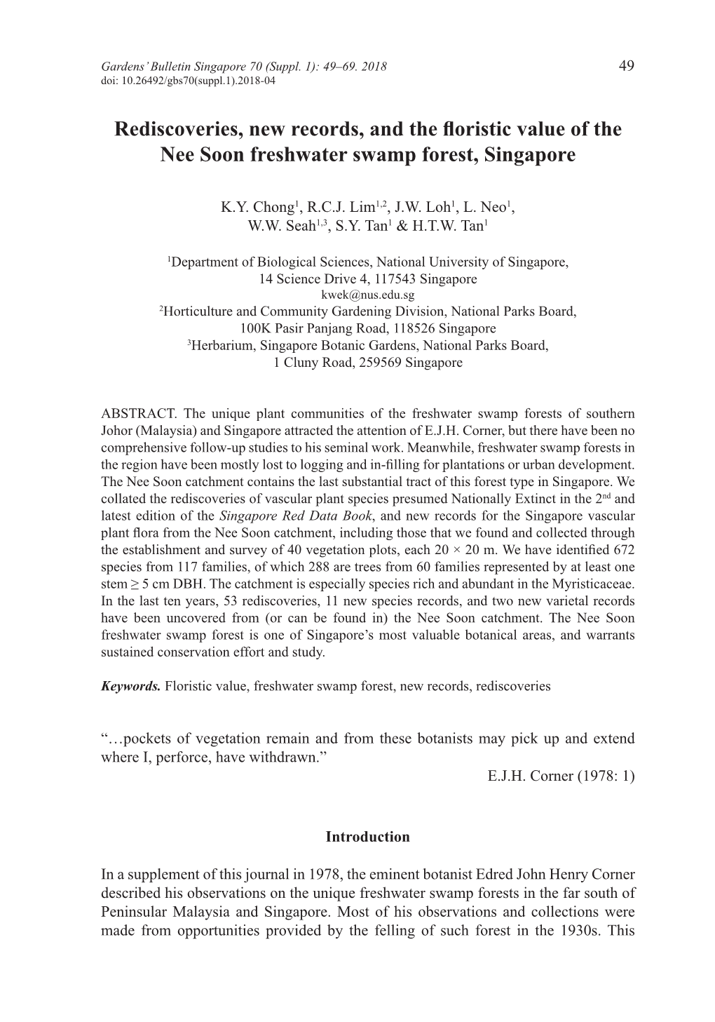 Rediscoveries, New Records, and the Floristic Value of the Nee Soon Freshwater Swamp Forest, Singapore