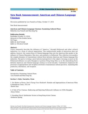 New Book Announcement: American and Chinese-Language Cinemas