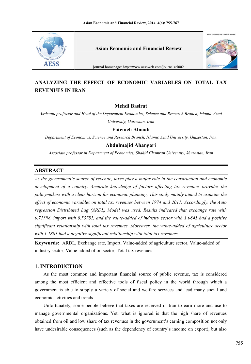 Asian Economic and Financial Review, 2014, 4(6): 755-767