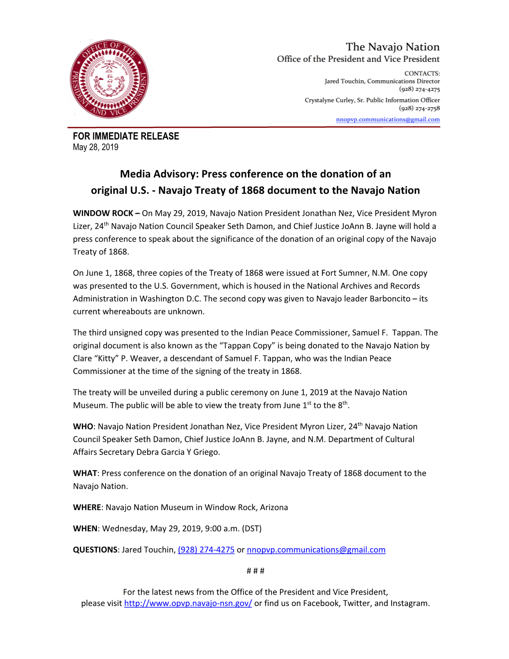 Media Advisory: Press Conference on the Donation of an Original U.S. - Navajo Treaty of 1868 Document to the Navajo Nation