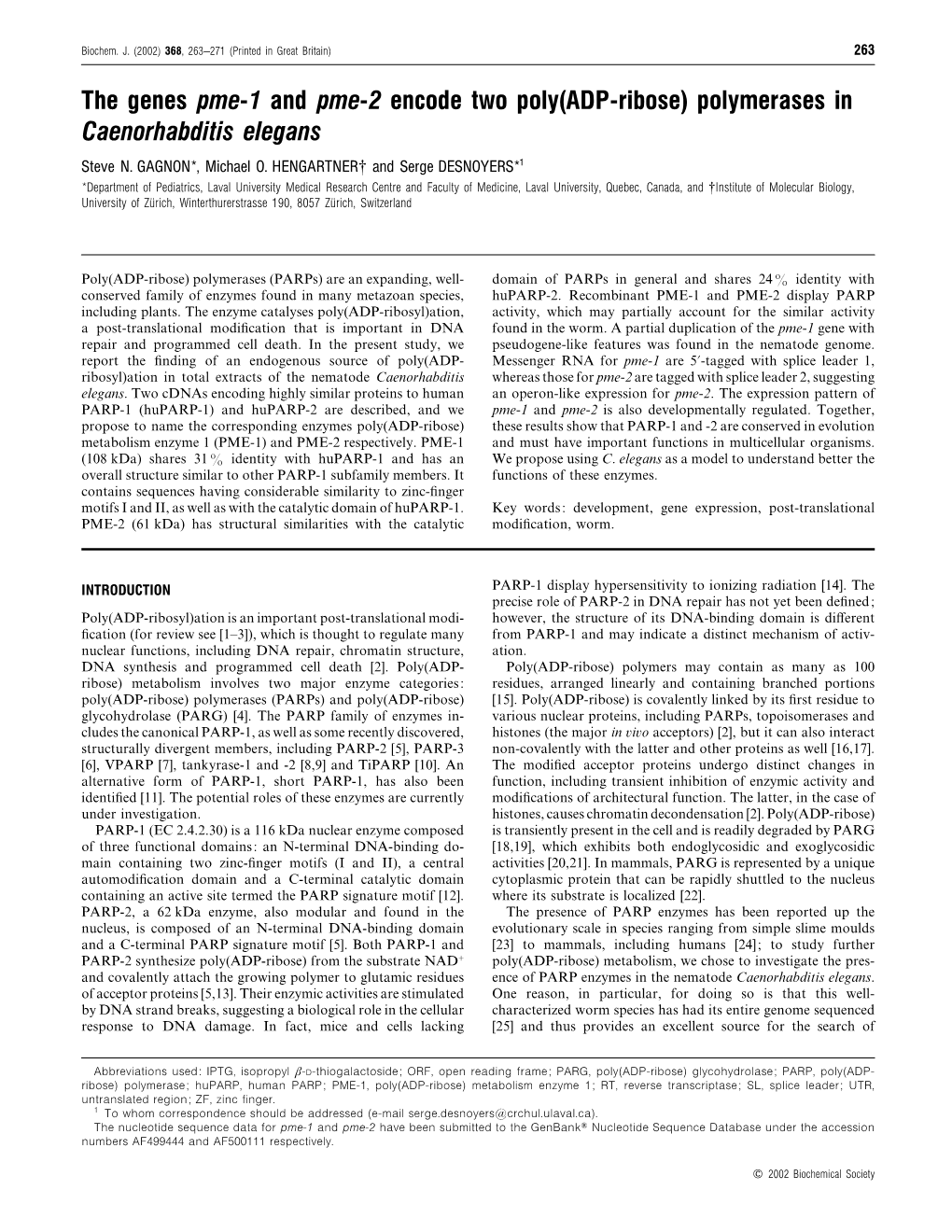 The Genes Pme-1 and Pme-2 Encode Two Poly(ADP-Ribose) Polymerases in Caenorhabditis Elegans Steve N