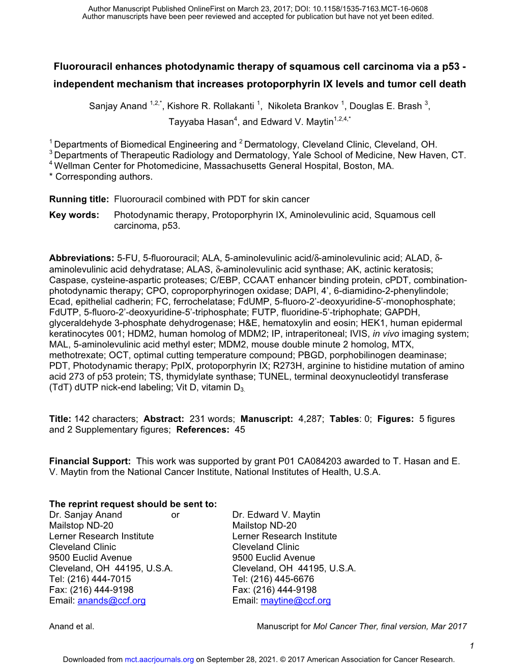 Fluorouracil Enhances Photodynamic Therapy of Squamous Cell Carcinoma Via a P53 - Independent Mechanism That Increases Protoporphyrin IX Levels and Tumor Cell Death