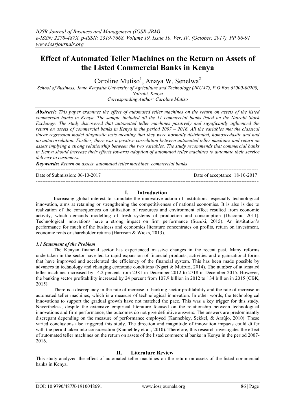 Effect of Automated Teller Machines on the Return on Assets of the Listed Commercial Banks in Kenya