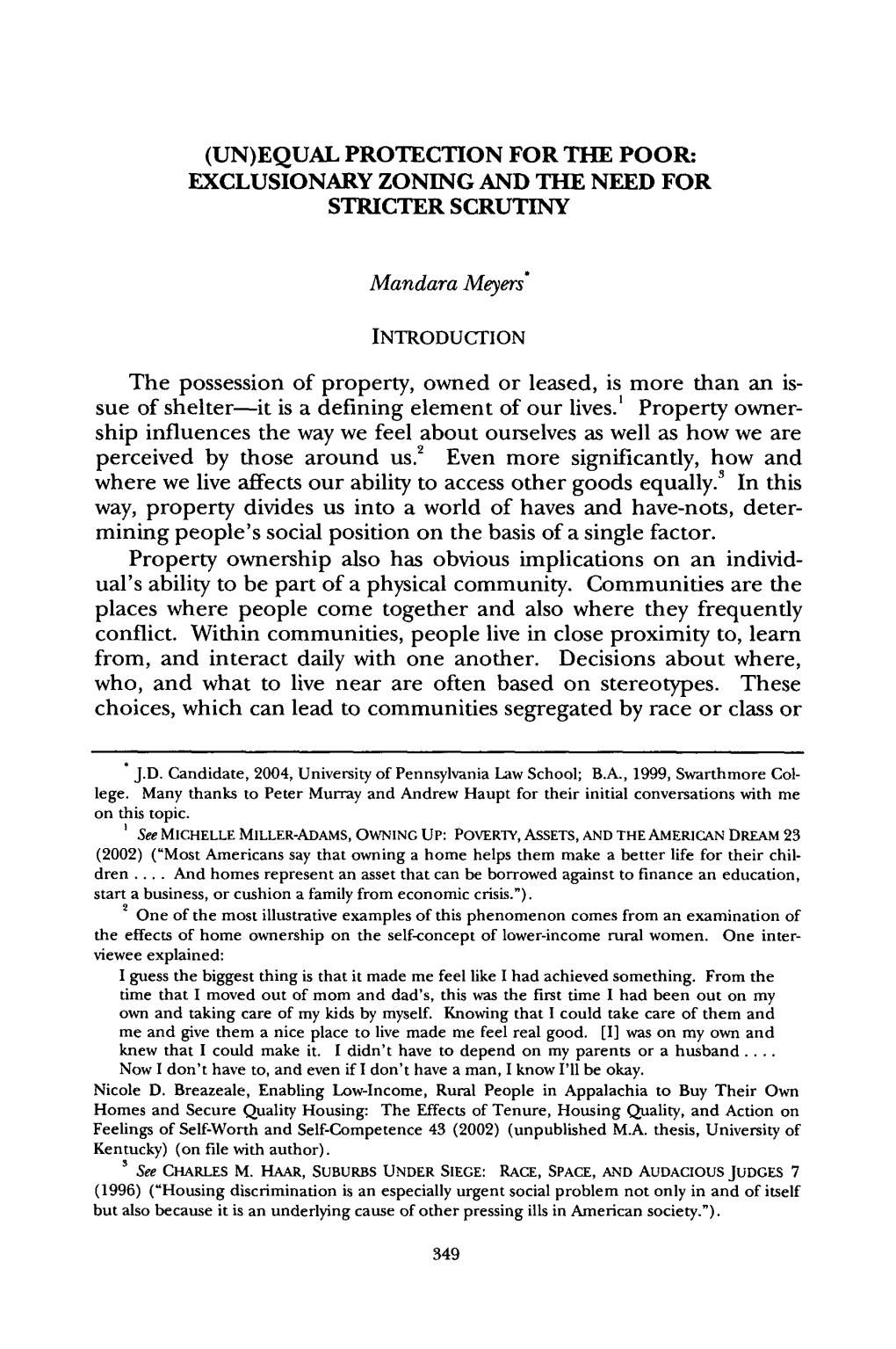 (Un)Equal Protection for the Poor: Exclusionary Zoning and the Need for Stricter Scrutiny