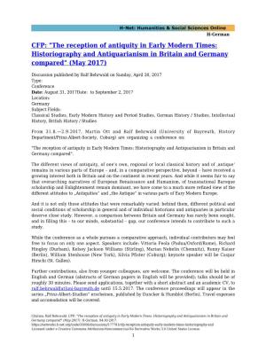 The Reception of Antiquity in Early Modern Times: Historiography and Antiquarianism in Britain and Germany Compared&Q