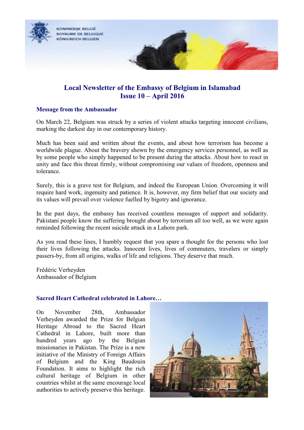 Local Newsletter of the Embassy of Belgium in Islamabad Issue 10 – April 2016