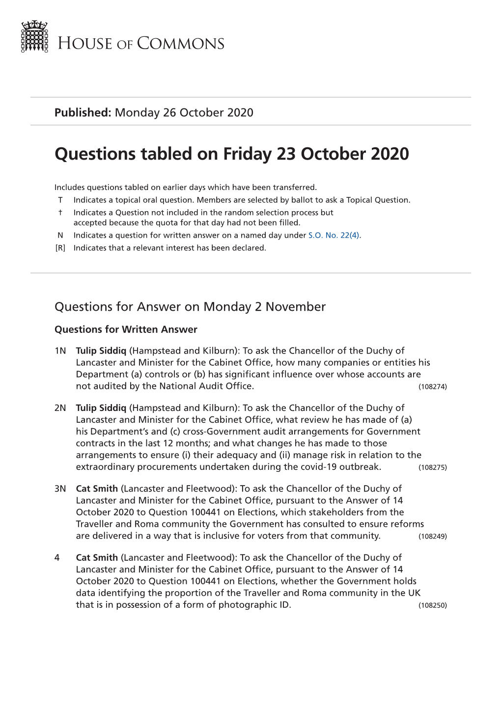 Questions Tabled on Friday 23 October 2020