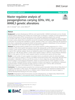 Master Regulator Analysis of Paragangliomas Carrying Sdhx, VHL,Or MAML3 Genetic Alterations John A