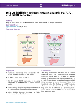 Mir-22 Inhibition Reduces Hepatic Steatosis Via FGF21 and FGFR1 Induction