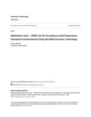 HPMC AS HG Amorphous Solid Dispersions: Dissolution Enhancement Using Hot Melt Extrusion Technology