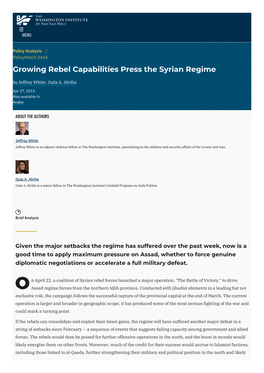 Growing Rebel Capabilities Press the Syrian Regime by Jeffrey White, Oula A
