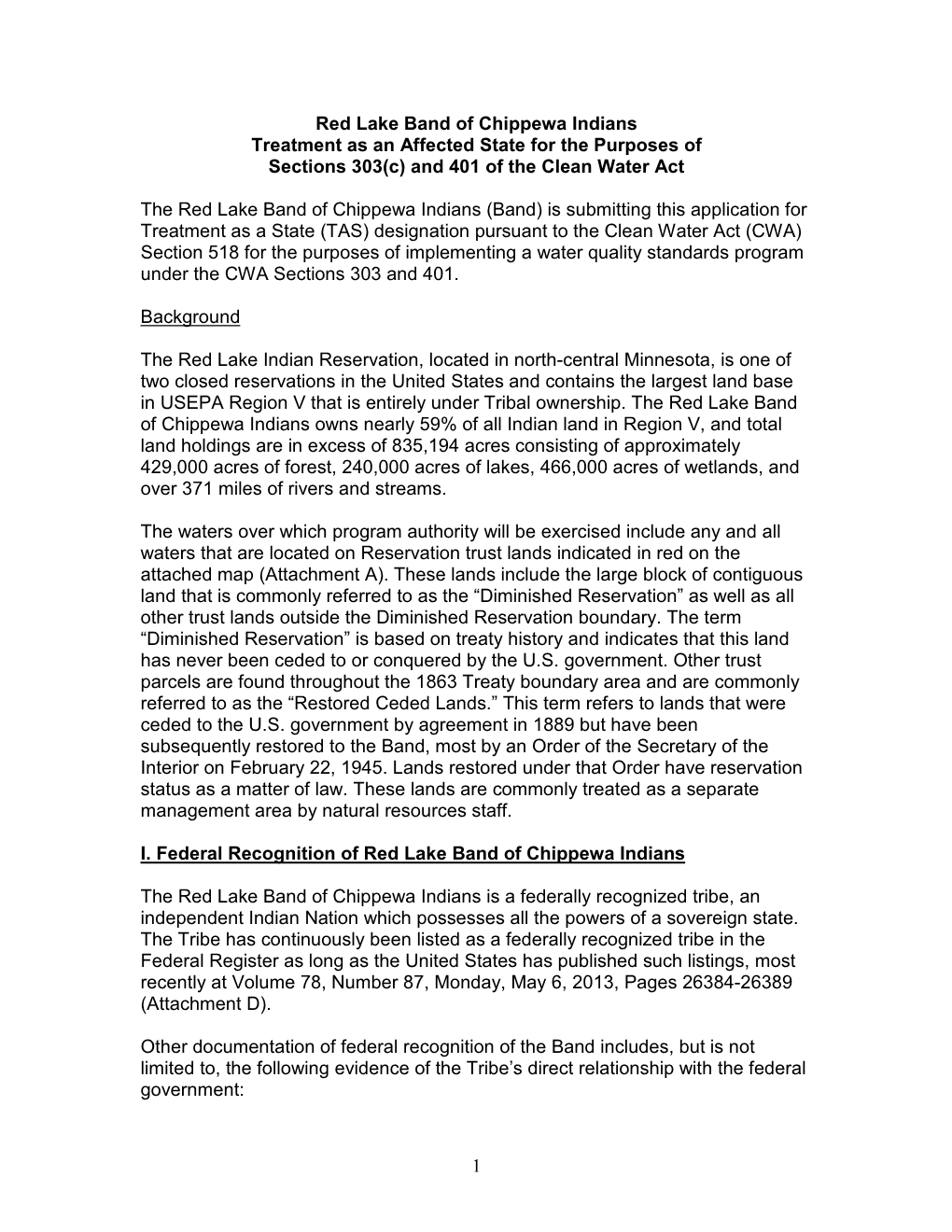 Red Lake Band of Chippewa Indians Treatment As an Affected State for the Purposes of Sections 303(C) and 401 of the Clean Water Act