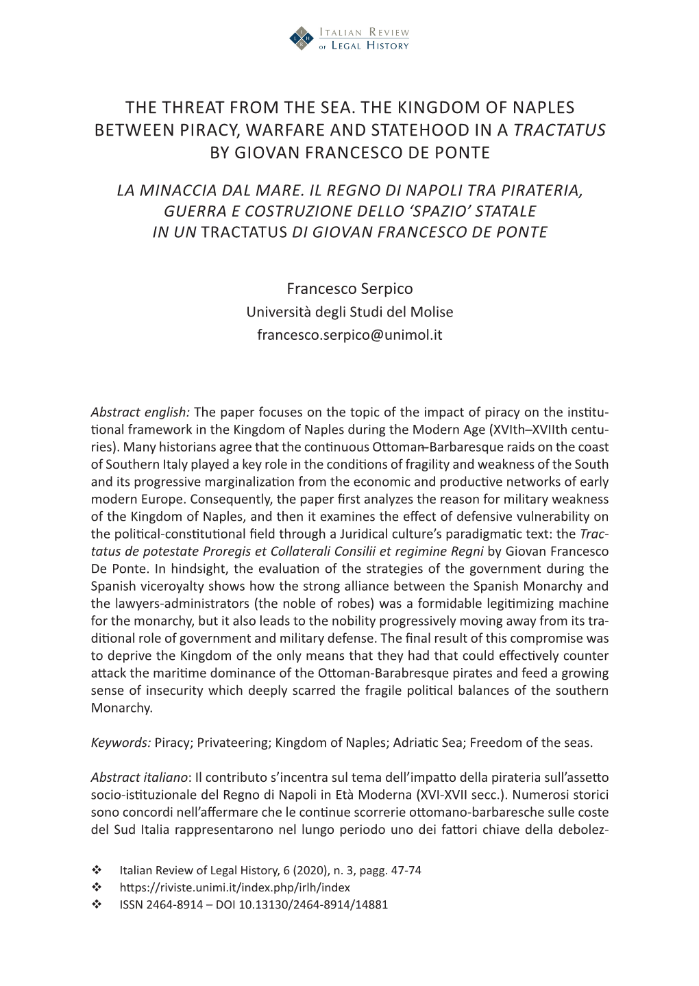 The Threat from the Sea. the Kingdom of Naples Between Piracy, Warfare and Statehood in a Tractatus by Giovan Francesco De Ponte