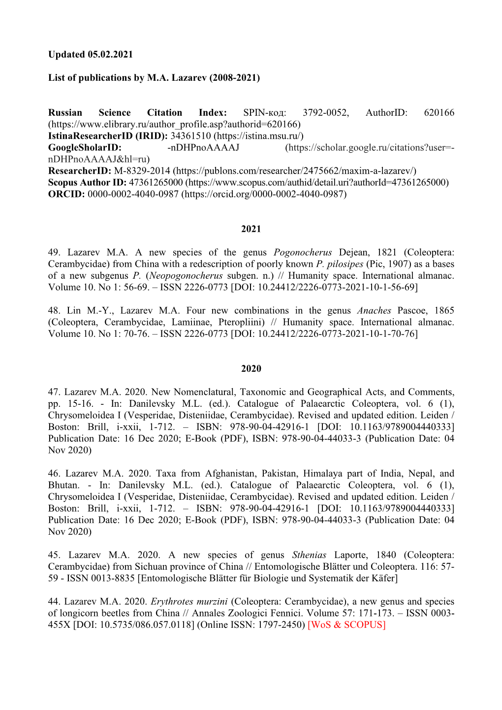 List of Publications by M.A. Lazarev (2008-2021)