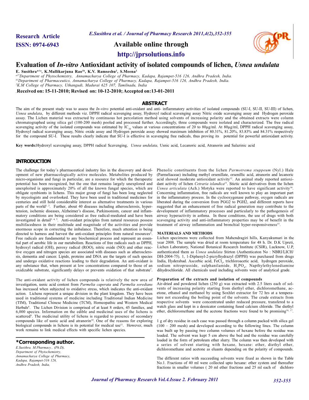 Evaluation of In-Vitro Antioxidant Activity of Isolated Compounds of Lichen, Usnea Undulata E