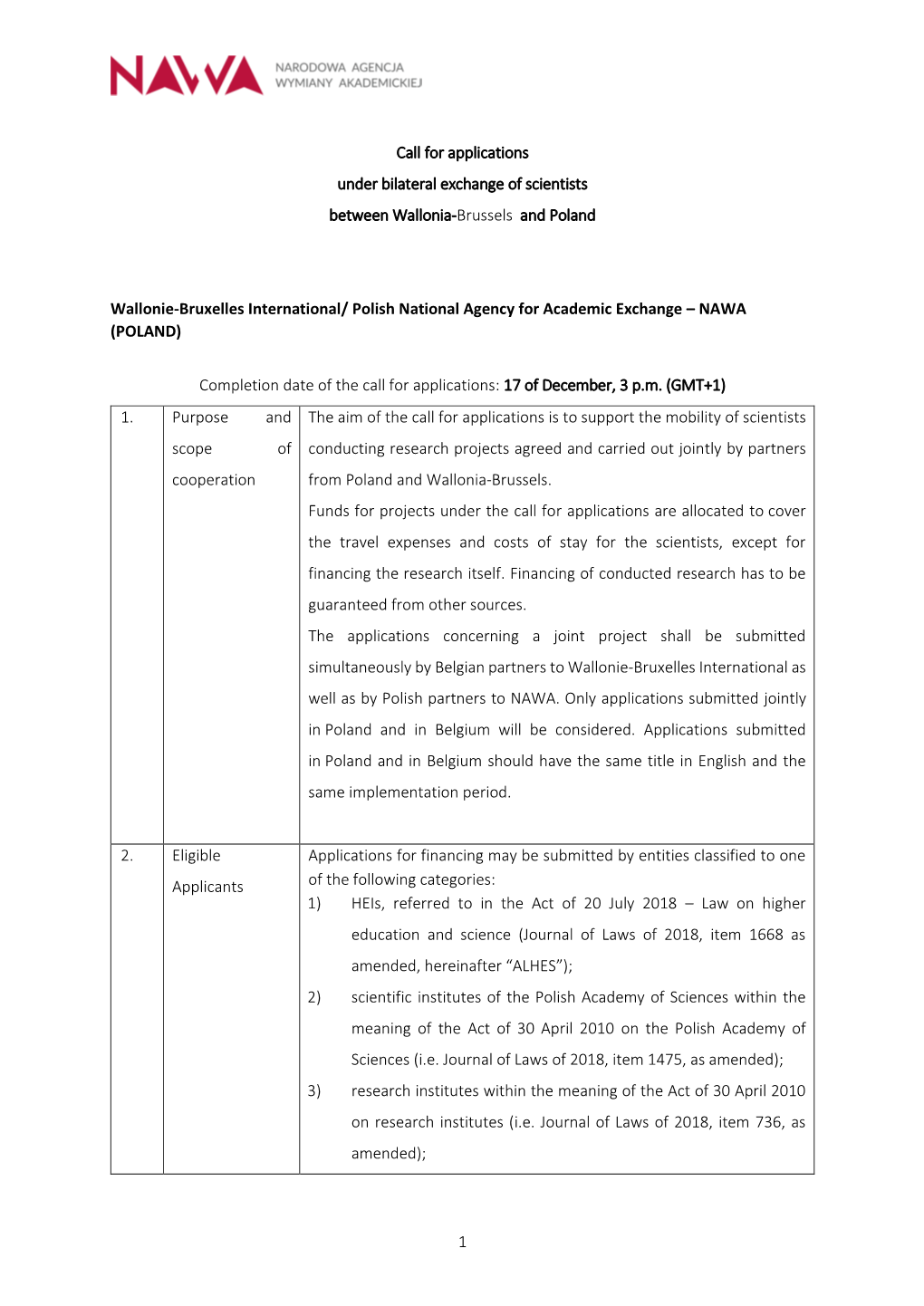 1 Call for Applications Under Bilateral Exchange of Scientists Between